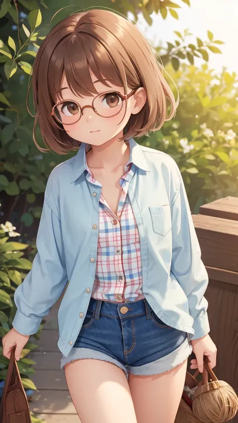 1 beautiful innocent and cute girl with chestnut in full unbuttoned plaid wool shirt without underwear and denim shorts, brown eyes, glasses, with brown short hair disheveled and shaggy of wind