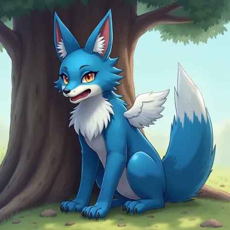 An exhausted blue werefox creature with white wings sitting under a tree panting out of breath their head tilted down with their ears back against back of the skull, exhausted expression, mouth open, tongue out, full body, digigrade legs, pawpads showing, ...