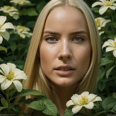  Hyperrealistic action scene in which a beautiful blond woman closely examines the flora and fauna of America.. " Adds extremely precise details to the plants ., animals, and the expression of amazement on Columbuss face , 8K,  cinematic light,  Realistic ...