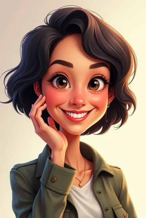 
" Create a caricature-style portrait like Gravit Falls and a woman with a warm smile.  She has short, dark hair and wears casual attire ., including a jacket .  The background should be simple and clear to keep the focus on your happy expression ..  The w...