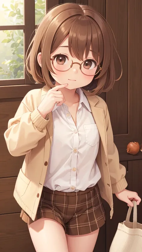 1 beautiful innocent and cute girl with chestnut in full unbuttoned plaid wool shirt oversize without underwear, brown eyes, glasses, with brown short hair disheveled and shaggy of wind