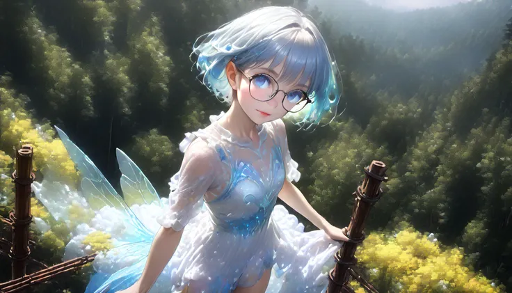 ( best quality,8K quality),( ultra high resolution with forest background,photo realistic:1.8),(super detailed,incredibly, detailed background),( RAW photos :1.2), (Super realistic:1.8),(master peace1.21), (((One fairy girl))),(((Detailed Eyes))),(((Glasse...