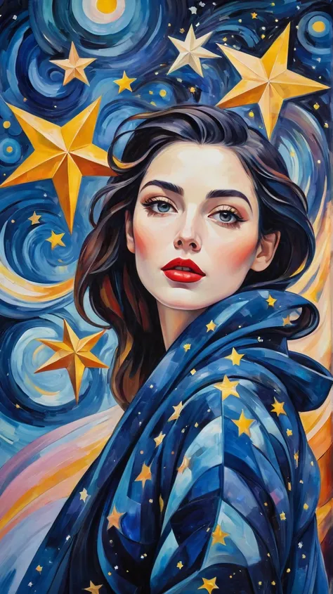 (best quality,realistic,highres:1.2),soft toned, oil painting,impressionistic strokes,From Cubism, Fauvism to Surrealism and Abstractionism, woman, their art concept and pattern all have been embodied in fashion design.Starry Sky background