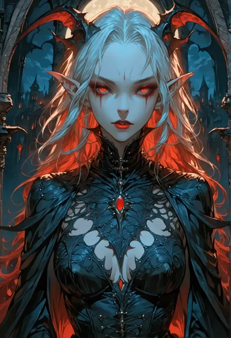 anime comic illustration fantasy art, gothic art, (masterpiece:1.5), full body best details, highly detailed, best quality, Glowing Red, highres, full body portrait of a vampire, elf (Masterpiece, best quality: 1.6), ultra feminine, wizard, (intricate deta...
