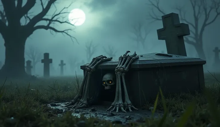 A chilling and hyper-realistic depiction of a graveyard at night, shrouded in a dense, creeping mist that clings to the cracked tombstones and overgrown grass. The moon hangs low in the sky, casting a cold, pale light that creates long, eerie shadows acros...