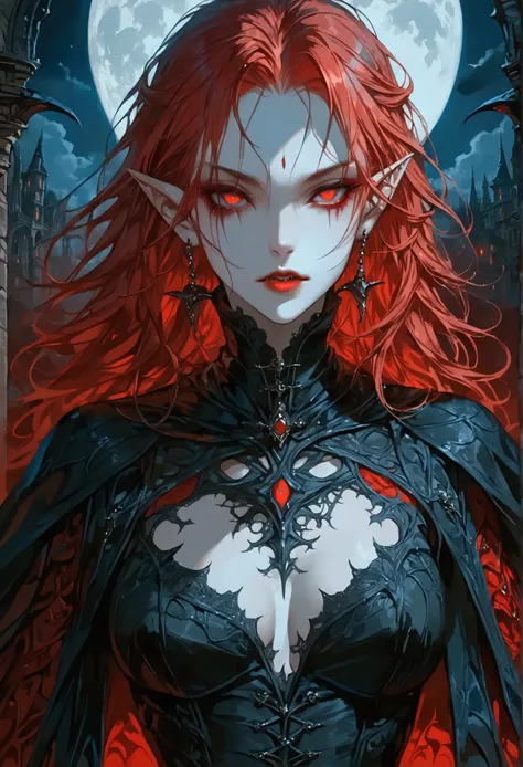 anime comic illustration fantasy art, gothic art, (masterpiece:1.5), full body best details, highly detailed, best quality, Glowing Red, highres, full body portrait of a vampire, elf (Masterpiece, best quality: 1.6), ultra feminine, wizard, (intricate deta...