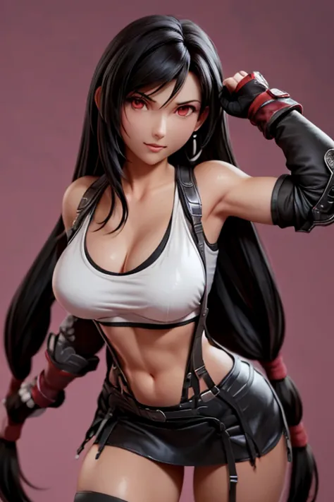 a woman,  black hair, long hair,  tifa lockhart ;gladiator clothing ,  post-apocalyptic world, destroyed scenario,  better quali...