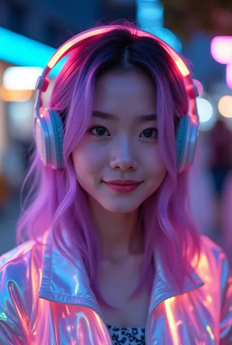 Excellent quality 8K  ,close-up photo of cute Thai women , Light Purple Hair,, wearing LED headphones and a holographic jacket. She stood in the middle, looking straight at the camera with a smile. ,There was a light shining on her face, making it clearly ...