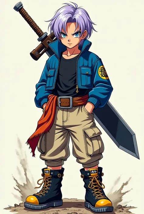 1 boy,   athletic body , manga art, Manga style art, manga style, dragon ball Z style, Trunks hair, Sayajin ,Hair:  light lavender  (silver), seeds,  shoulder length .
eyes:  Intense blue .
Body: defined muscles, athletic build, medium height.
jacket:  Sho...