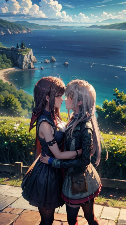 two girls、キスをしている two girls、hill with a view of the sea