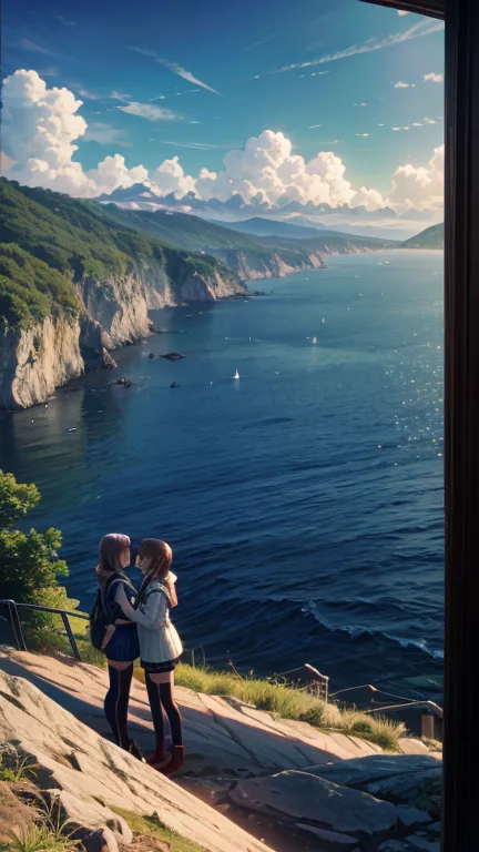  two girls、キスをしている two girls、Hill with a view of the sea