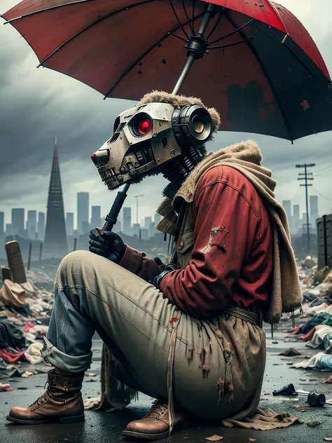 wasteland，A poor old robot sat on a rock, (umbrella:1.3)，(Holding an Umbrella with your hand:1.3)，(sit:1.2)，rust，Wearing tattered red armor，The skyline in the distance，Gothic，moss，A small white flower，cemetery，Gothic church，Blood red moon，Gothic elements，I...