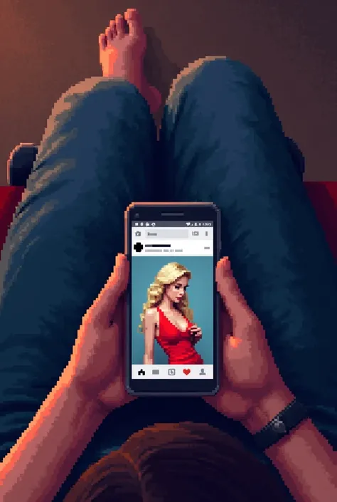  A pixel art image showing a seated view from above ,  with the top of the head visible , but without showing her face.  woman is holding a cell phone ,  with the cell phone screen clearly visible and showing a photo of a blonde model in a red dress, with ...