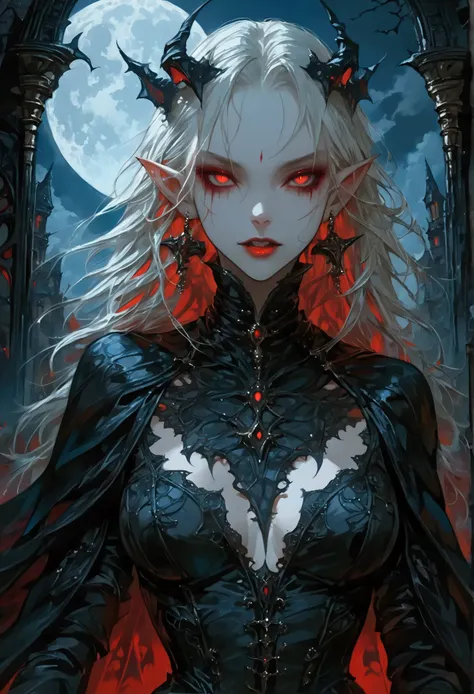 anime comic illustration fantasy art, gothic art, (masterpiece:1.5), full body best details, highly detailed, best quality, Glowing Red, highres, full body portrait of a vampire, elf (Masterpiece, best quality: 1.6), ultra feminine, wizard, (intricate deta...