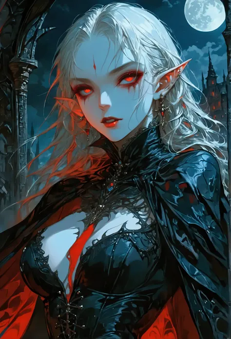 anime comic illustration fantasy art, gothic art, (masterpiece:1.5), full body best details, highly detailed, best quality, Glowing Red, highres, full body portrait of a vampire, elf (Masterpiece, best quality: 1.6), ultra feminine, wizard, (intricate deta...