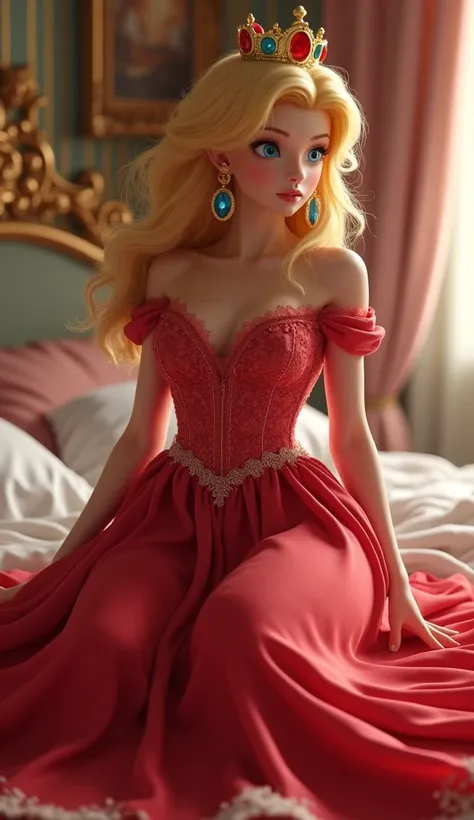 full body image of princess peach wake up from bed wearing a red colour night dress  with big chest .
