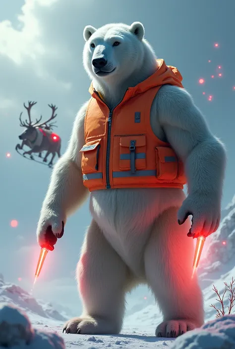 A large polar bear standing upright, wearing a high visibility safety vest, holding a red signal light in each paw, signaling a flying sleigh pulled by reindeer, highly detailed and realistic fur textures, cinematic lighting and composition