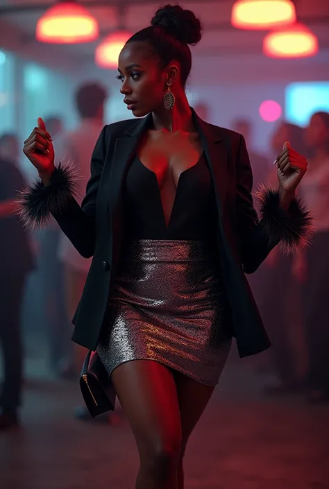 A curvaceous Black woman in a tailored blazer with feather-trimmed cuffs, worn over a shimmering sequin mini skirt in silver. She completes the look with ankle boots, drop earrings, and a clutch, her hair in a sleek top knot as she dances in a trendy under...