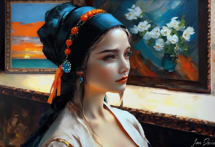 (Dark Studio) "Pomi damori" (in the style of Jan Davids de Hem), aesthetics, ((  oil painting  )), (tile :0.2), (ultramarine :0.2), (headband:0.75),(turquoise:0.2),(orange:0.2), (Jeremy Mann:0.5), ( by John Constable :0.1),(by El Greco:0.5),( rough strokes...