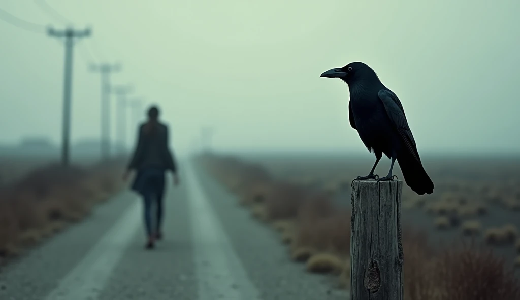 A crow perched on a wooden post by the road, watching the woman pass with the man on her shoulders. The eerie, silent ambiance adds a layer of foreboding to the narrative. --ar 16:9