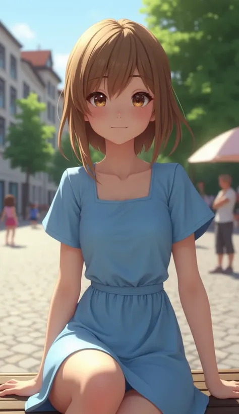 Show a realistic photo of a  116 cm tall ,  with fair skin  ,  straight light brown hair short to her chin light brown eyes she is wearing a sky blue dress with short sleeves and below the knees she is on a bench in a square with sunny skies