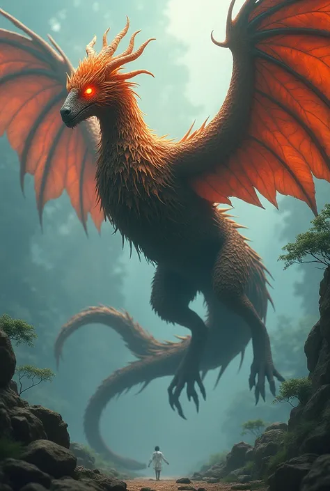 A Carballo with guava-colored phoenix wings with a dragons tail in the air, scarlet-colored eyes with an aura of intense glowing ice. 