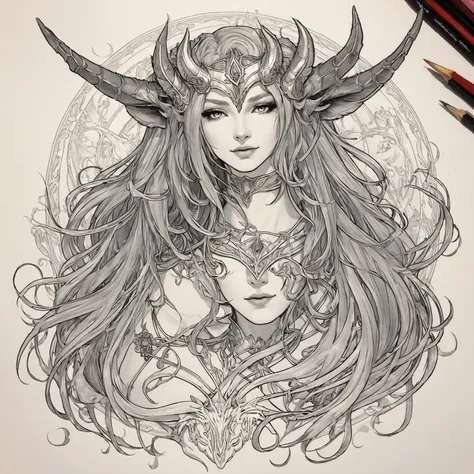 (pencil_sketch:1.2, messy lines, Grayscale, traditional media, sketch), Horned golden-headed creature, Dragon Knight Avatar, Mysterious Anubis Valkyrie, Super detailed fantasy characters, dragon portrait, sleipnir&#39;Photo, ghost of anubis, (Raise your ha...