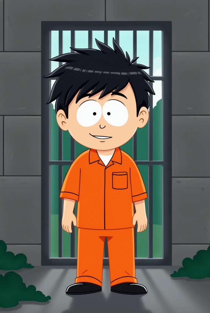 A Boy with black fringe to the Front standing in prison clothes in the prison and Looking at the Camera and Draw it Like southpark. Make the picture 4:3 and make the Boy Not Look sad and make the clothes orange prison clothes and let him be in prison. Make...