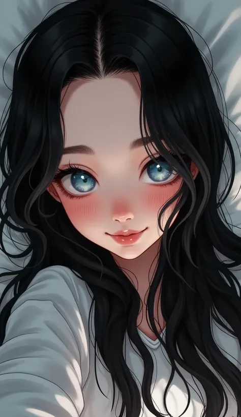 Billie Eilish features, blue eyes, long eyelashes, black hair, long hair, a girl with her hair on the pillow lying down taking a selfie of herself in high resolution, best quality, details,  one girl,  looks at the viewer , I smile, 