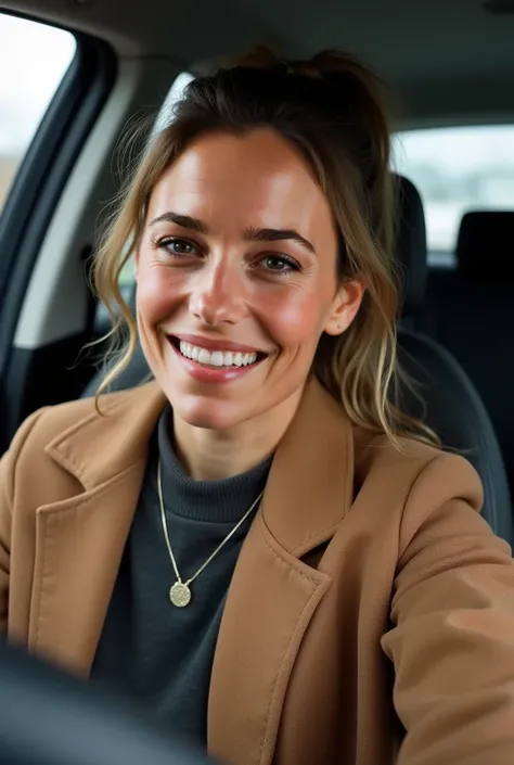 Create a photo that preserves this persons physical appearance, realistic photo, her skin is textured, she has light brown eyes, no make-up. Her hair is tied back with a hair clip. Shes sitting in her car, the background slightly blurred. Shes laughing. A ...