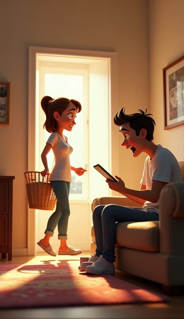 A lively 3D Disney Pixar-quality moment as the wife enters the cozy living room, her figure framed by the soft glow of sunlight streaming through the window. She holds a laundry basket tilted slightly on her hip, her raised eyebrow and playful smirk convey...