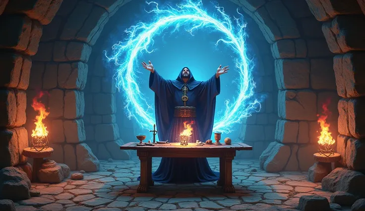 The Mago stands behind a sturdy wooden table in the center of a circular stone chamber illuminated by flickering torchlight. On the table rest his tools: a fiery wand sparking with inspiration, a chalice filled with glowing blue liquid symbolizing emotions...