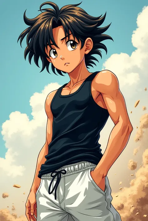 1 boy,  hair back, black tank top, White sweatpants,  athletic body , manga art ,  manga style art , manga style, dragon ball z style, Wavy hair