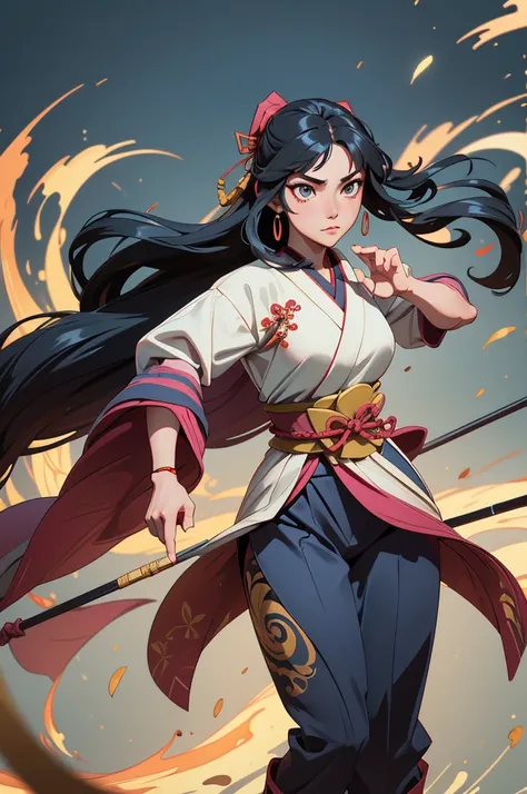 A full-body depiction of Kushinadahime, a master archer from Japanese mythology (nihonshinwa), with long, sleek black hair flowing elegantly. She stands gracefully in royal attire adorned with intricate patterns, holding a massive five-person war bow. Pois...