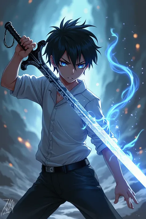 A black hair anime boy with death sword and life shield and white shirt and black pants