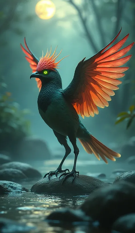 In the haunting mist of a moonlit river, an awe-inspiring hybrid creature emerges—a fusion of sparrow and tulip. Its body is sleek and powerful, with feathered wings that shift into vibrant petal-like structures at their edges, glowing with an ethereal cri...