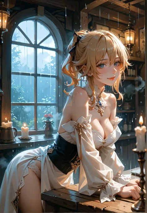 1girl, Jean, Genshin Impact, sexy pose, alluring smile, blush, breasts leaning against table, steam, fantasy tavern bedroom, standing by the window, bent over, at night, raining outside, candles in the background, beautiful lighting and shadows, sfw,