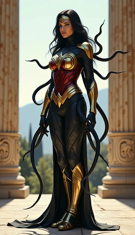 Create a hyper-realistic image in 4K of a hybrid being between Wonder Woman and Venon Woman, with several synbiose tentacles, in the background of Greek temples