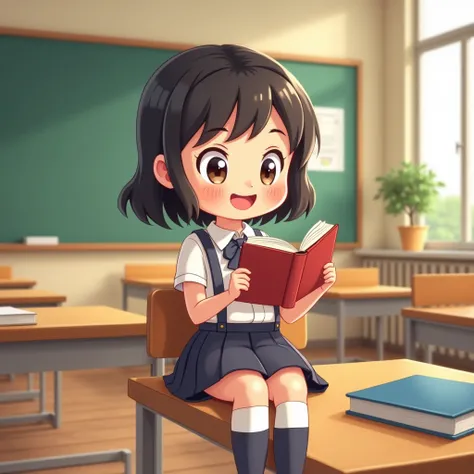 girl in student uniform reading in the classroom, cartoon style