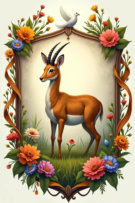 A shield with a gazelle in the grass ,  with flowers around it and a ribbon intertwining the shield and a dove