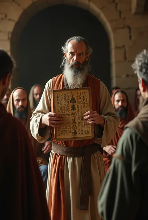 "A gnostic scholar standing before a group of early Christians, rejecting the traditional teachings of the Church, holding a gnostic text with ancient symbols, intense and challenging gaze, surrounded by followers who listen with mixed expressions of curio...