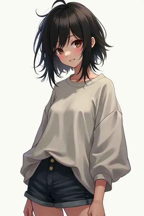 White girl with messy black hair, wearing a big, baggy shirt and tight, short shorts