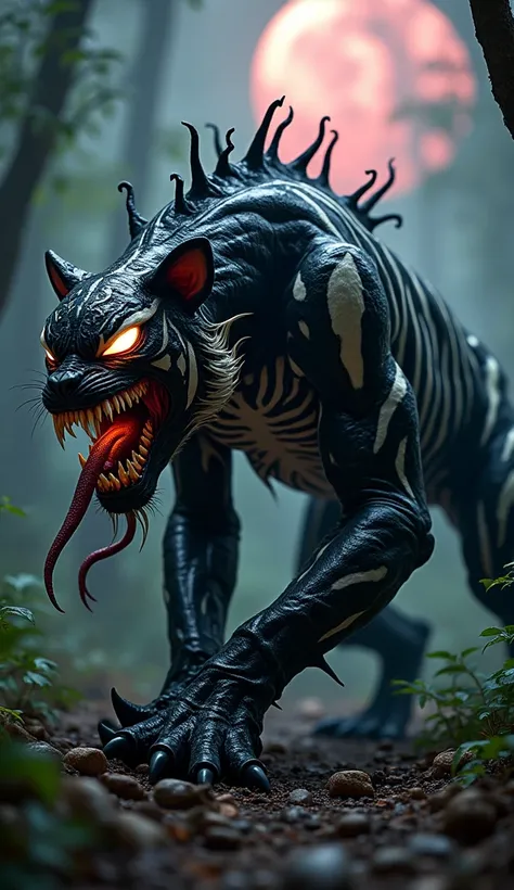 A terrifying fusion of a tiger and Venom, exuding raw, predatory power and the chaotic energy of the symbiote. The creature’s body is enveloped in the glossy, liquid-like black material of the symbiote, writhing with living tendrils that constantly shift a...