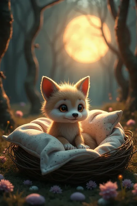  A 3D rendering of a dark fantasy scene featuring a whimsical baby wolf .  The wolf is nestled in a cozy nest adorned with soft pillows and star-studded fabric.  The wolf has big, dreamy eyes and is looking at the sun .  A lullaby atmosphere surrounds the ...