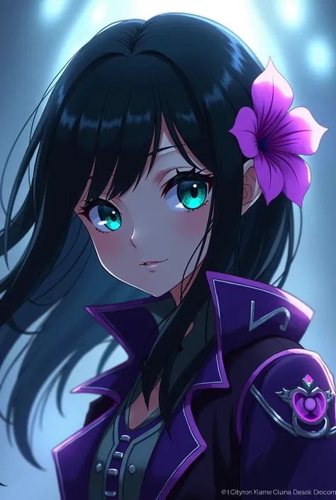  Girl  with black hair and turquoise eyes with a purple flower in her hair. My Hero Academia Style.  Todoroki Family member in a villain  costume 