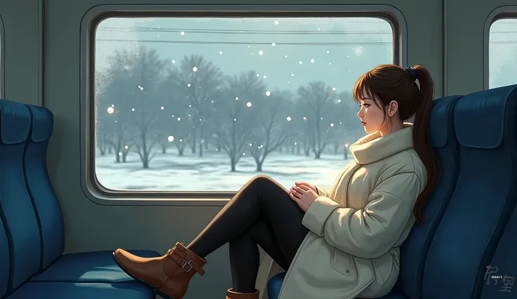 Side view shot, A futile love like snowflakes flowing through a running window
Background : Inside the train ,  Snow falling out of the window and a dark winter landscape flowing past .
The main character :

, a 40-year-old Korean woman :  Long brown hair ...