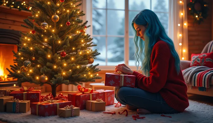  a beautiful  and a 19-year-old woman ,  are sitting in front of a Christmas tree opening presents,  through the window you can see a clear and bright day snowing a lot , The window behind the tree ,  the environment is yellow because of the lights on the ...