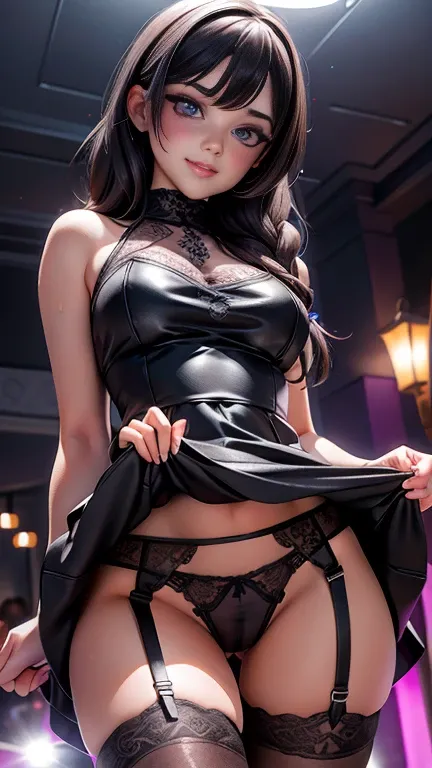 1 female,  Black Mini Crop Top ,,  detailed face ,   beautiful eyes ,  detailed lips from home,  has long eyelashes, Complicated hairstyle,   Elegant Poses  ,  bright lights on the Ped, photoRealistic, 8k, masterpiece,  high definition, Realistic,  Hot Pin...