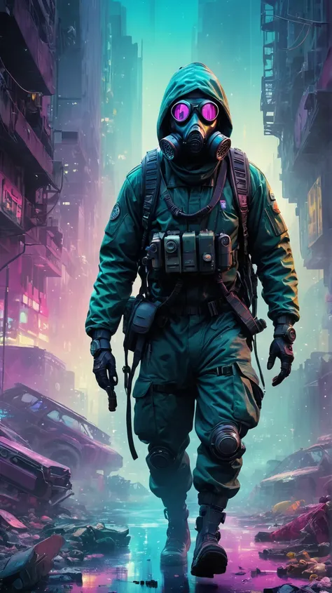   Araaf man wearing a gas mask walks through the destroyed city ， Skyline of a dense and sprawling city in the grunge world , cyberpunk, night, neon, spotlight, holography,smoky, Magenta, Teal and Neon,  Luminescent, ethereal light,starry sky, Hectic, spat...