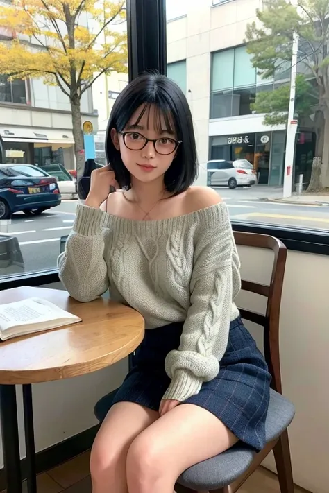 (High Definition), One Female, Japan Person, Cute, Black Hair Short, wearing Drop Shoulder Cable Knit Long Wool Cross Check Skirt Blue & Eye Glasses for Female, Sitting on a chair, Side-Glance, Lean on some cushions by window at Cafe in Museum, A cup of co...